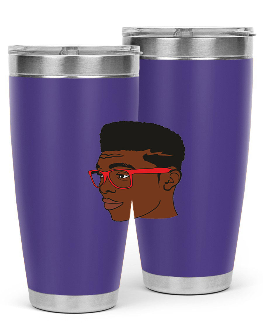 Black man tumbler featuring a sleek design, double wall vacuum stainless steel construction, and a press-in drink-thru lid.