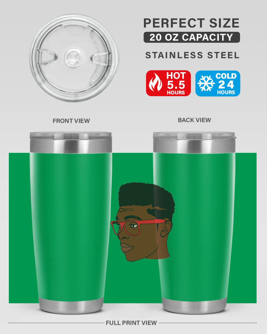 Black man tumbler featuring a sleek design, double wall vacuum stainless steel construction, and a press-in drink-thru lid.