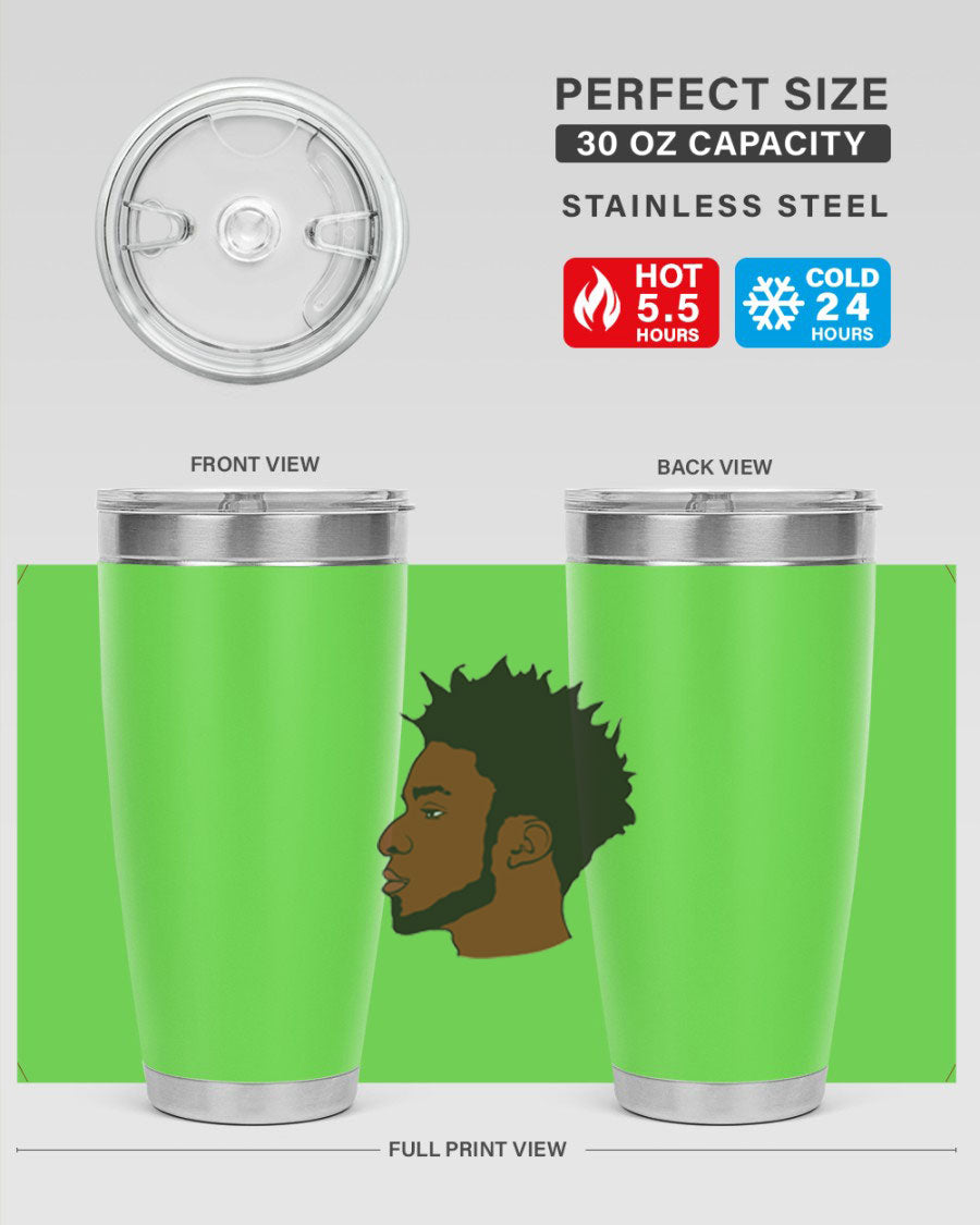 A stylish black man tumbler made of stainless steel, featuring a drink-thru lid and a sleek design, perfect for hot and cold beverages.