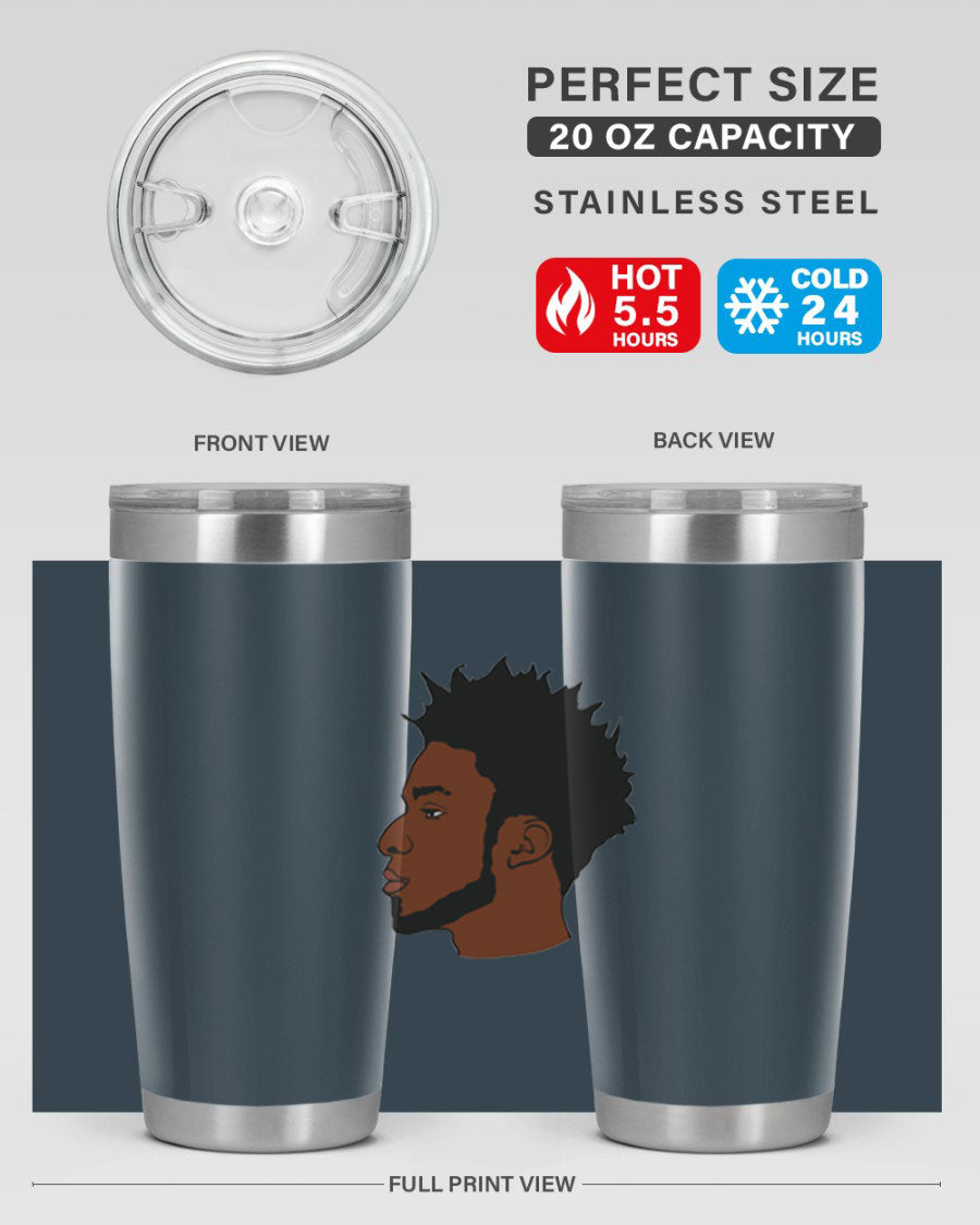 A stylish black man tumbler made of stainless steel, featuring a drink-thru lid and a sleek design, perfect for hot and cold beverages.