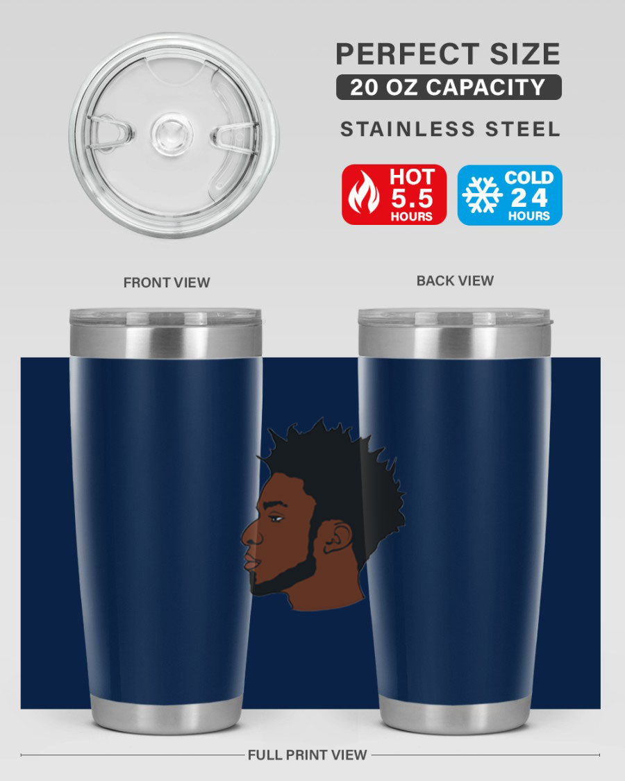 A stylish black man tumbler made of stainless steel, featuring a drink-thru lid and a sleek design, perfect for hot and cold beverages.