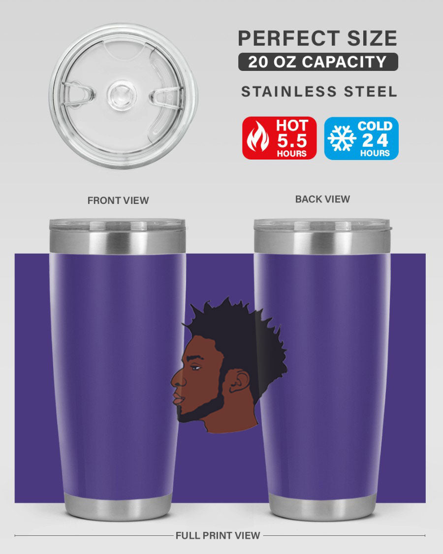 A stylish black man tumbler made of stainless steel, featuring a drink-thru lid and a sleek design, perfect for hot and cold beverages.