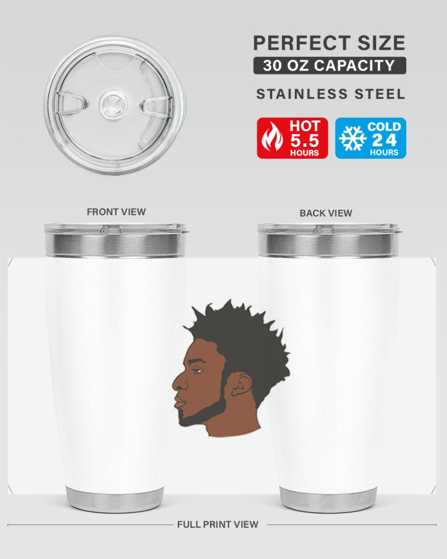 A stylish black man tumbler made of stainless steel, featuring a drink-thru lid and a sleek design, perfect for hot and cold beverages.