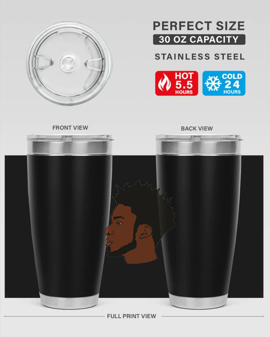 A stylish black man tumbler made of stainless steel, featuring a drink-thru lid and a sleek design, perfect for hot and cold beverages.