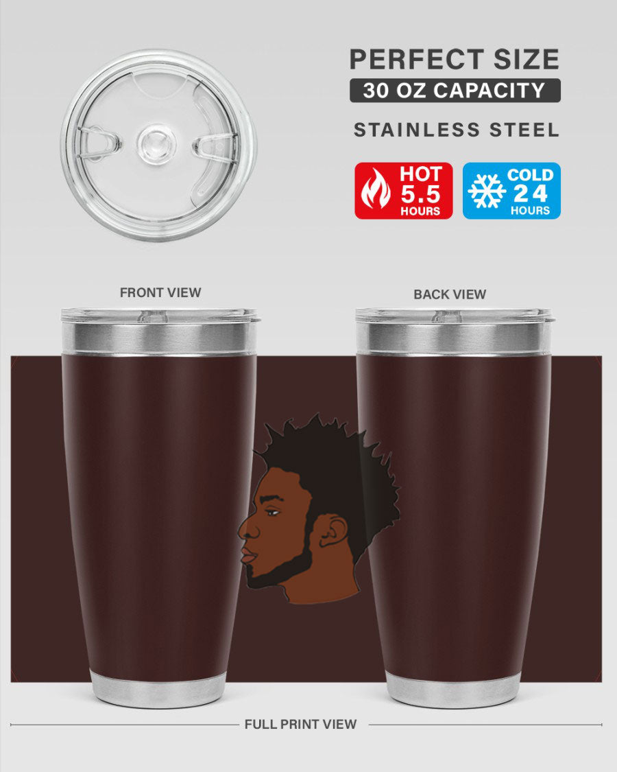 A stylish black man tumbler made of stainless steel, featuring a drink-thru lid and a sleek design, perfect for hot and cold beverages.