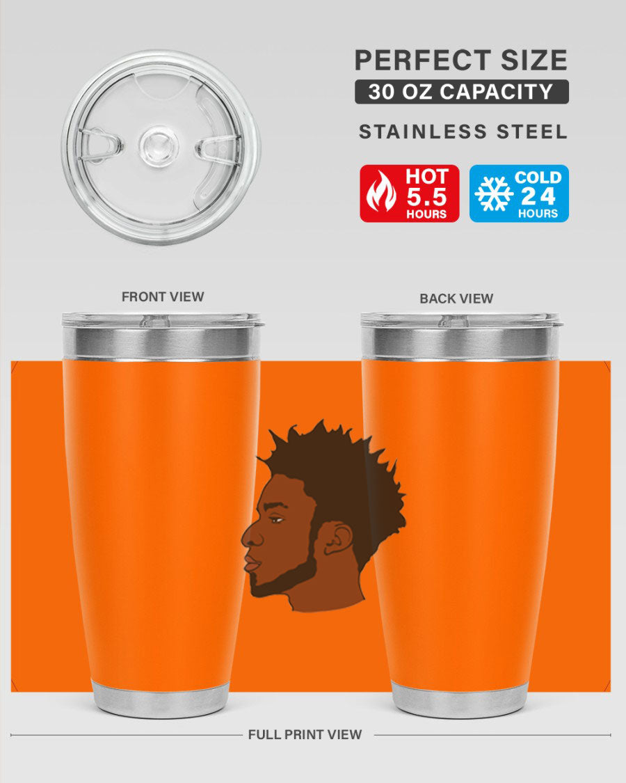 A stylish black man tumbler made of stainless steel, featuring a drink-thru lid and a sleek design, perfect for hot and cold beverages.