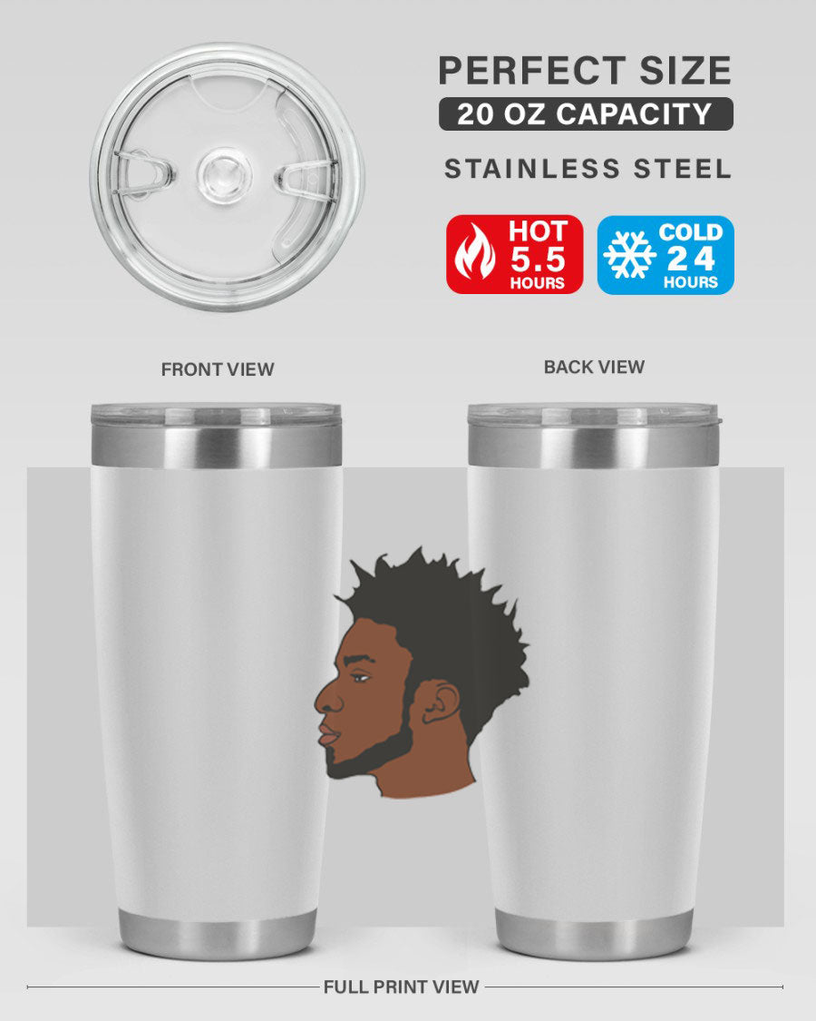 A stylish black man tumbler made of stainless steel, featuring a drink-thru lid and a sleek design, perfect for hot and cold beverages.