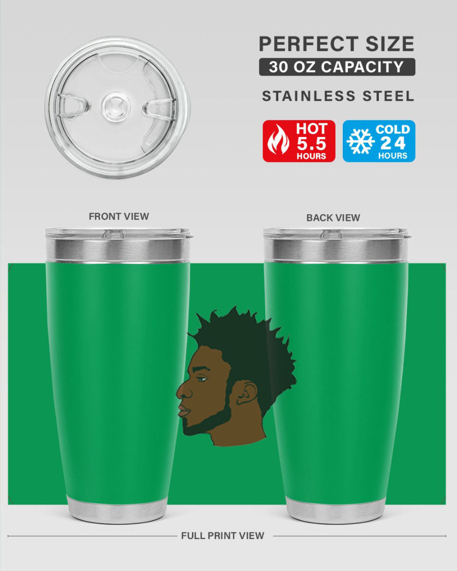 A stylish black man tumbler made of stainless steel, featuring a drink-thru lid and a sleek design, perfect for hot and cold beverages.