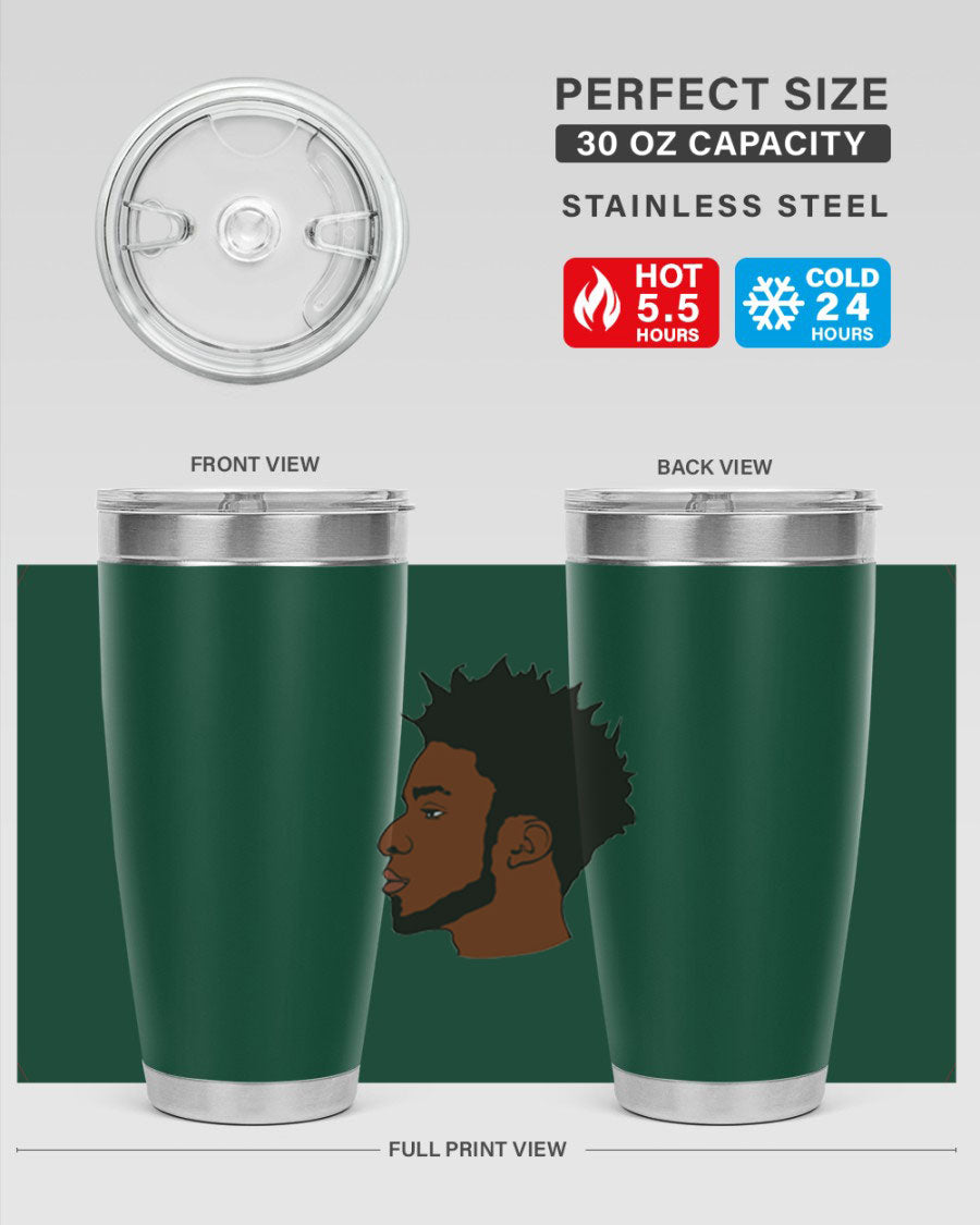 A stylish black man tumbler made of stainless steel, featuring a drink-thru lid and a sleek design, perfect for hot and cold beverages.