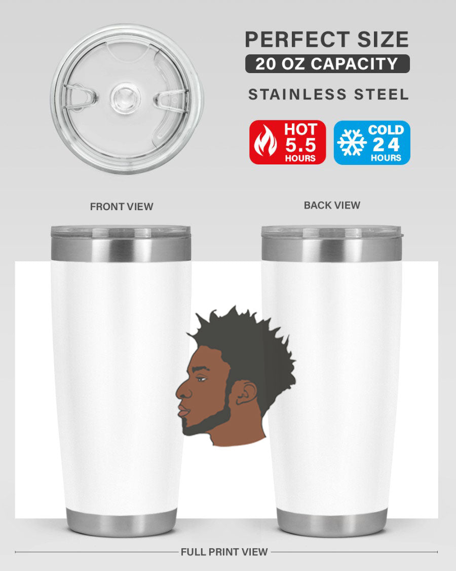 A stylish black man tumbler made of stainless steel, featuring a drink-thru lid and a sleek design, perfect for hot and cold beverages.