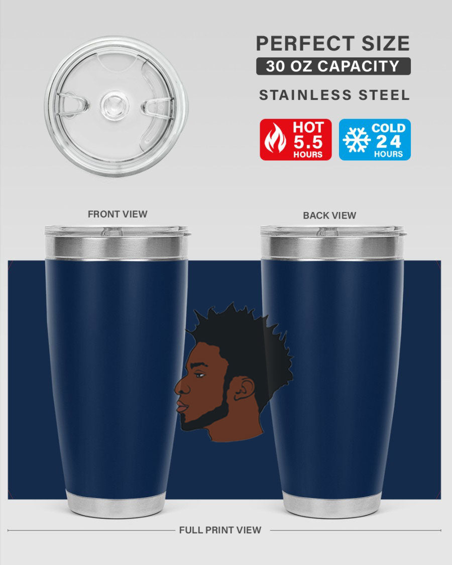 A stylish black man tumbler made of stainless steel, featuring a drink-thru lid and a sleek design, perfect for hot and cold beverages.