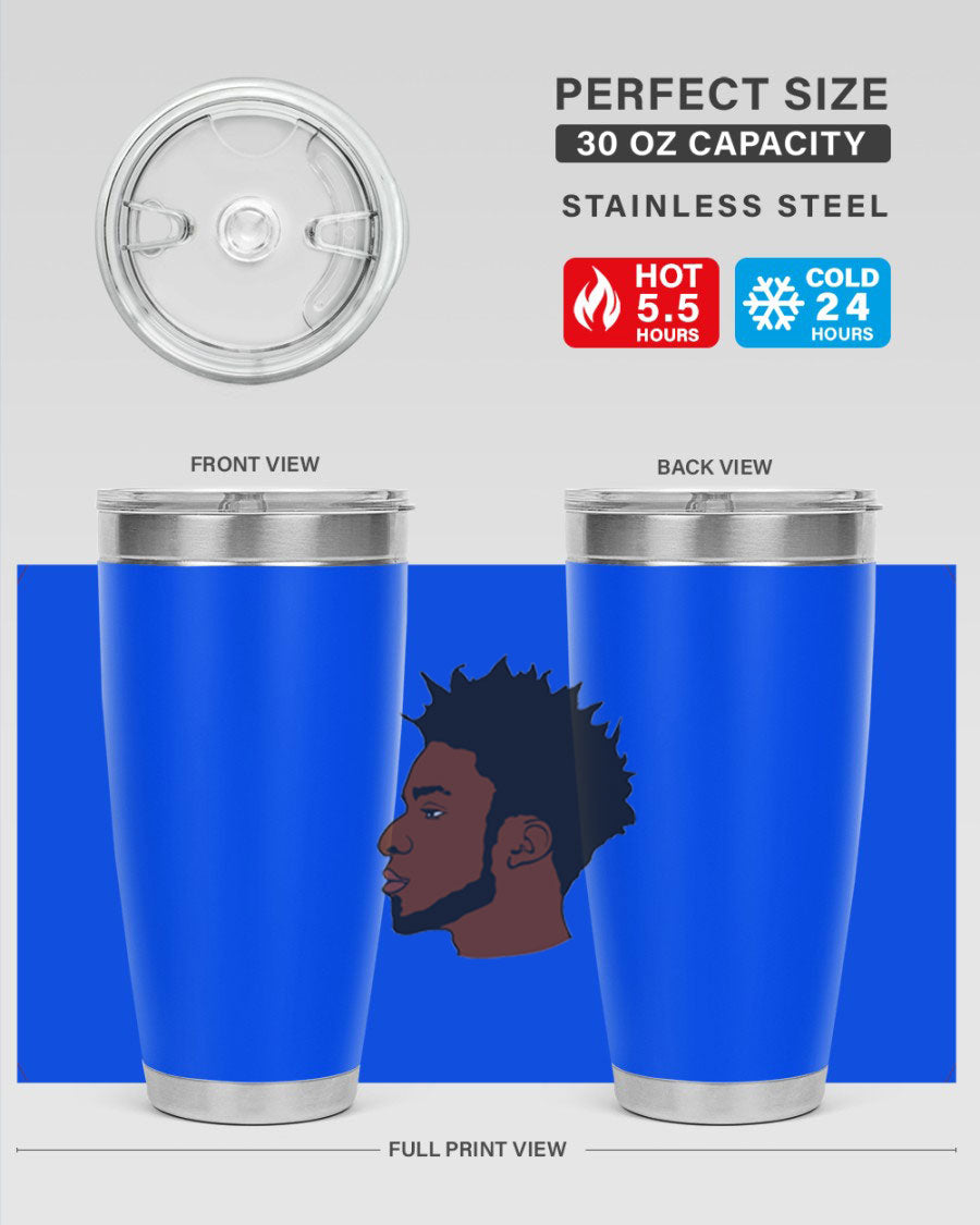 A stylish black man tumbler made of stainless steel, featuring a drink-thru lid and a sleek design, perfect for hot and cold beverages.