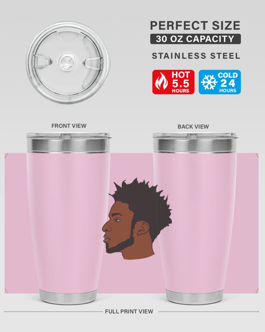 A stylish black man tumbler made of stainless steel, featuring a drink-thru lid and a sleek design, perfect for hot and cold beverages.