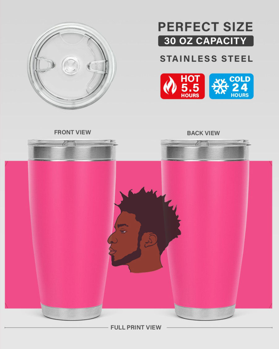 A stylish black man tumbler made of stainless steel, featuring a drink-thru lid and a sleek design, perfect for hot and cold beverages.