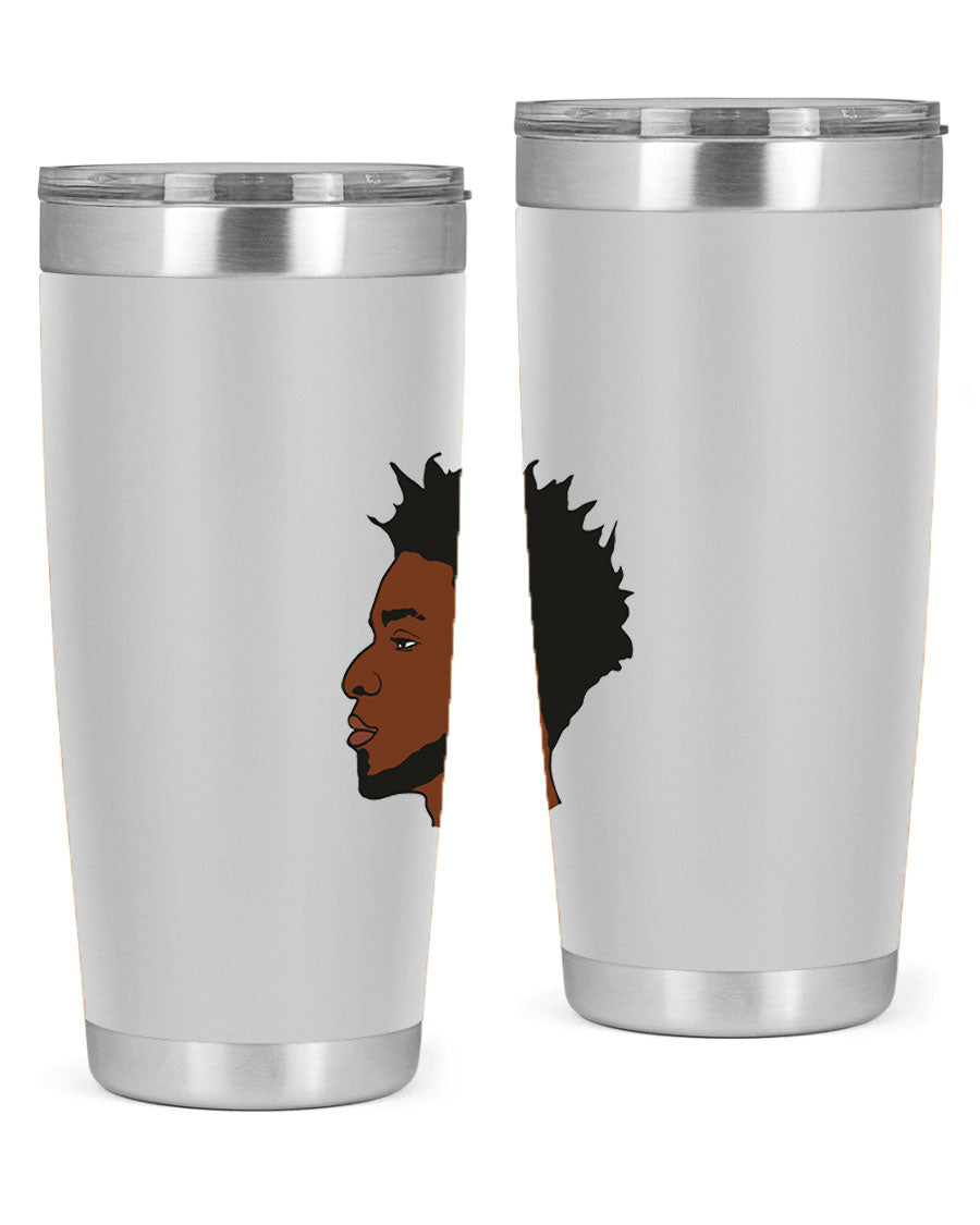 A stylish black man tumbler made of stainless steel, featuring a drink-thru lid and a sleek design, perfect for hot and cold beverages.