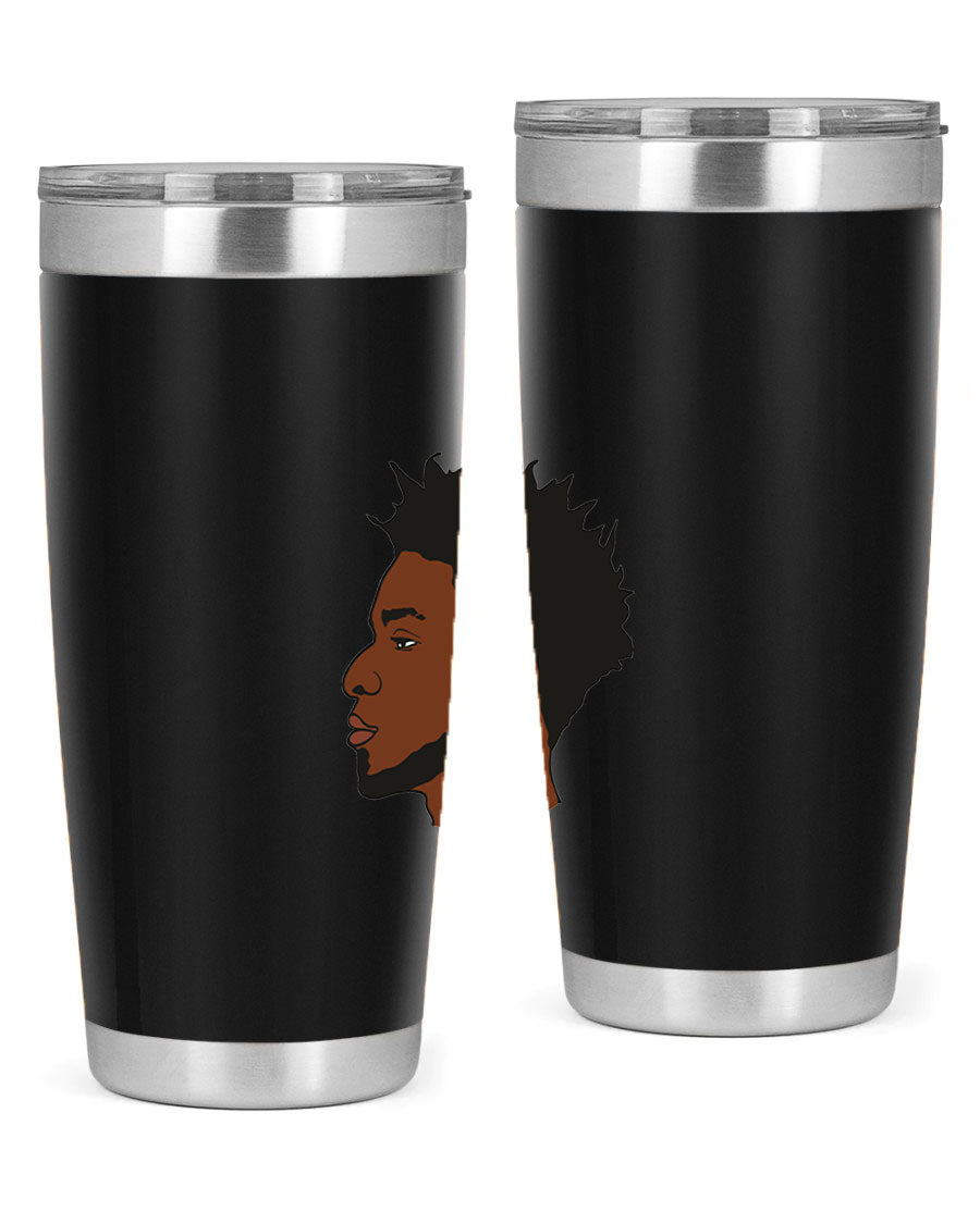 A stylish black man tumbler made of stainless steel, featuring a drink-thru lid and a sleek design, perfect for hot and cold beverages.