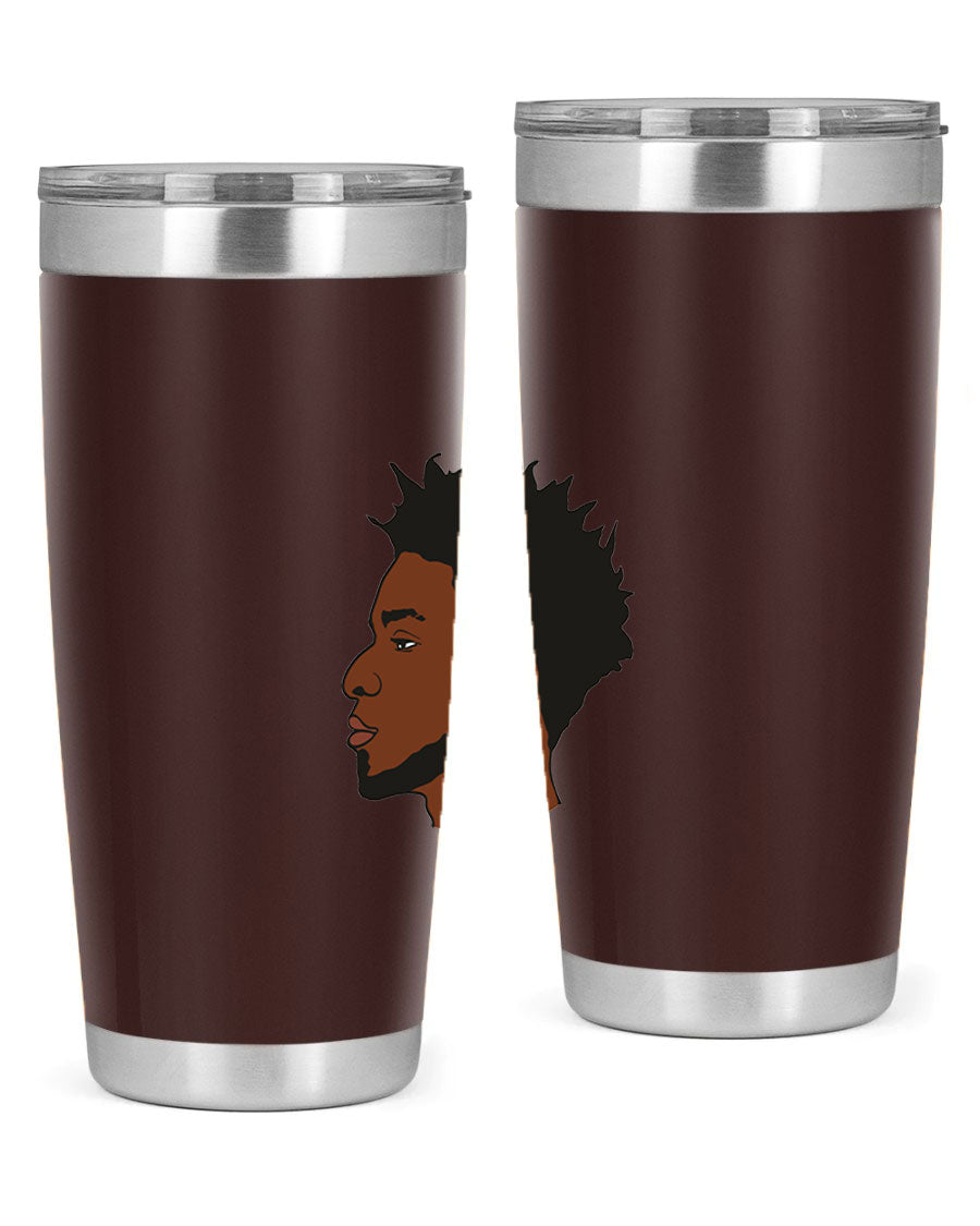 A stylish black man tumbler made of stainless steel, featuring a drink-thru lid and a sleek design, perfect for hot and cold beverages.