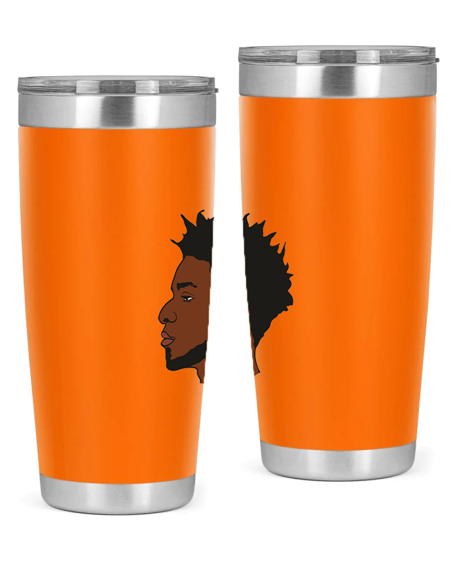 A stylish black man tumbler made of stainless steel, featuring a drink-thru lid and a sleek design, perfect for hot and cold beverages.