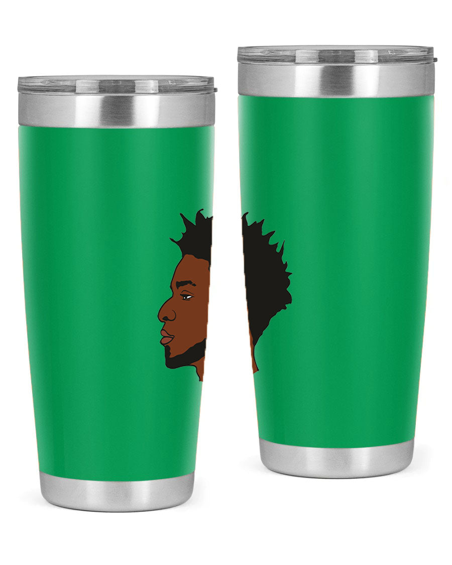 A stylish black man tumbler made of stainless steel, featuring a drink-thru lid and a sleek design, perfect for hot and cold beverages.