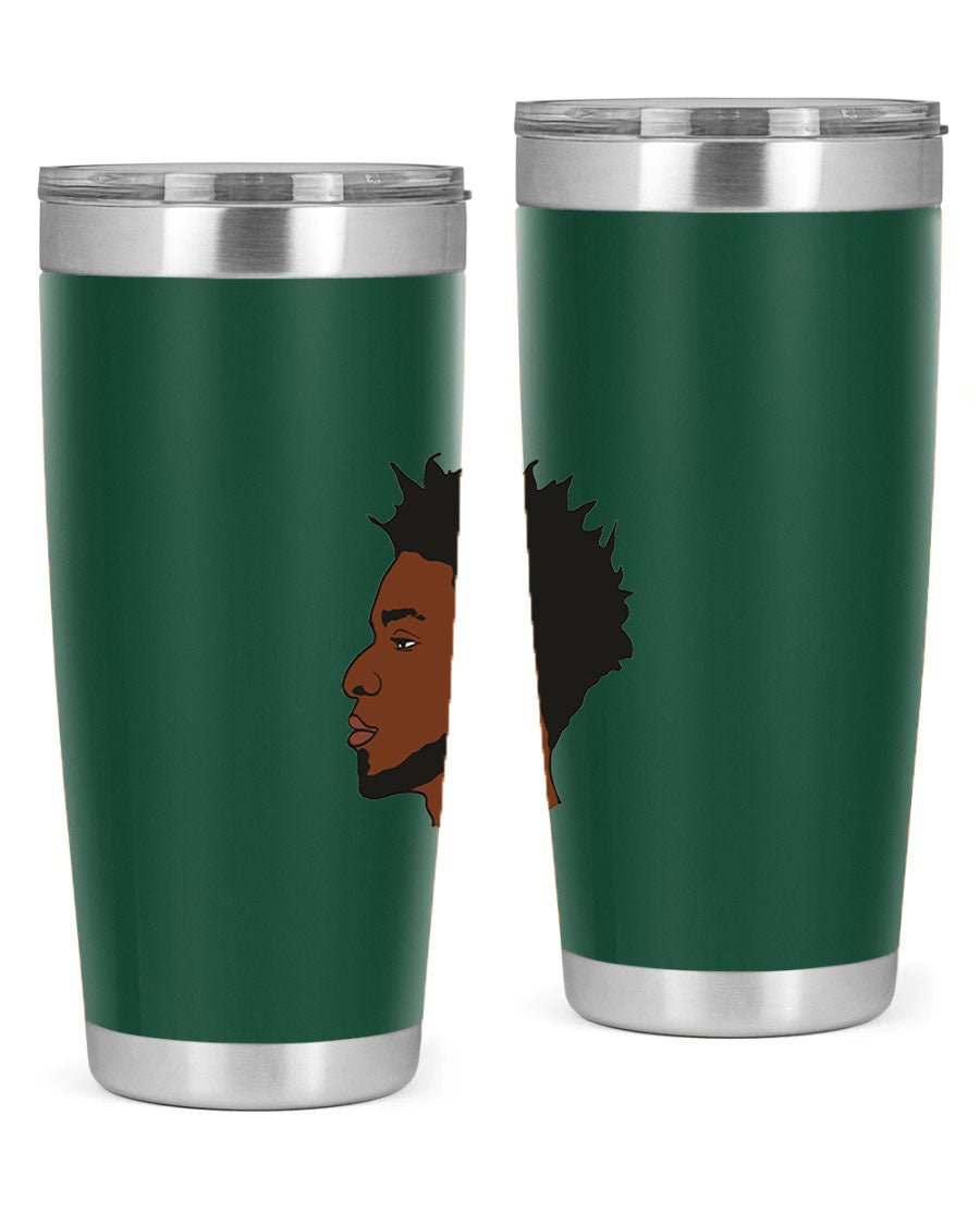 A stylish black man tumbler made of stainless steel, featuring a drink-thru lid and a sleek design, perfect for hot and cold beverages.