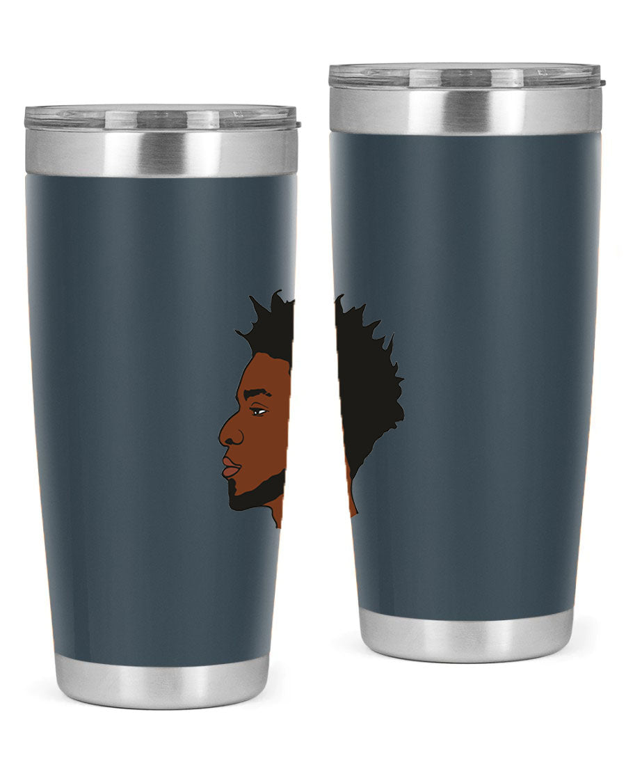 A stylish black man tumbler made of stainless steel, featuring a drink-thru lid and a sleek design, perfect for hot and cold beverages.