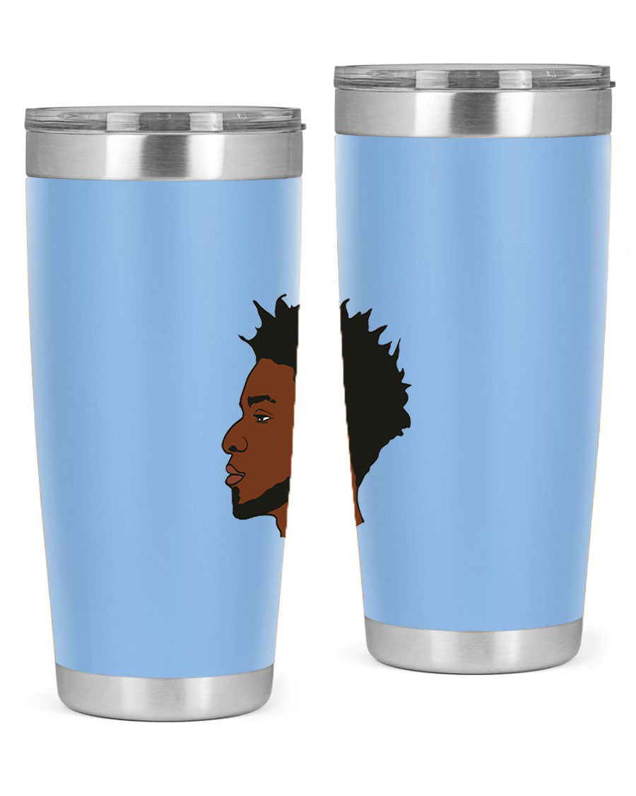 A stylish black man tumbler made of stainless steel, featuring a drink-thru lid and a sleek design, perfect for hot and cold beverages.