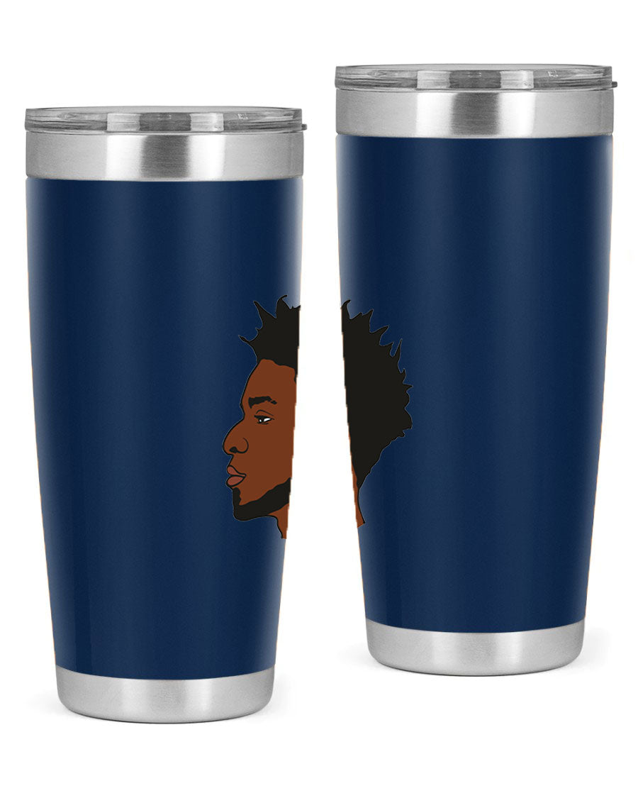 A stylish black man tumbler made of stainless steel, featuring a drink-thru lid and a sleek design, perfect for hot and cold beverages.