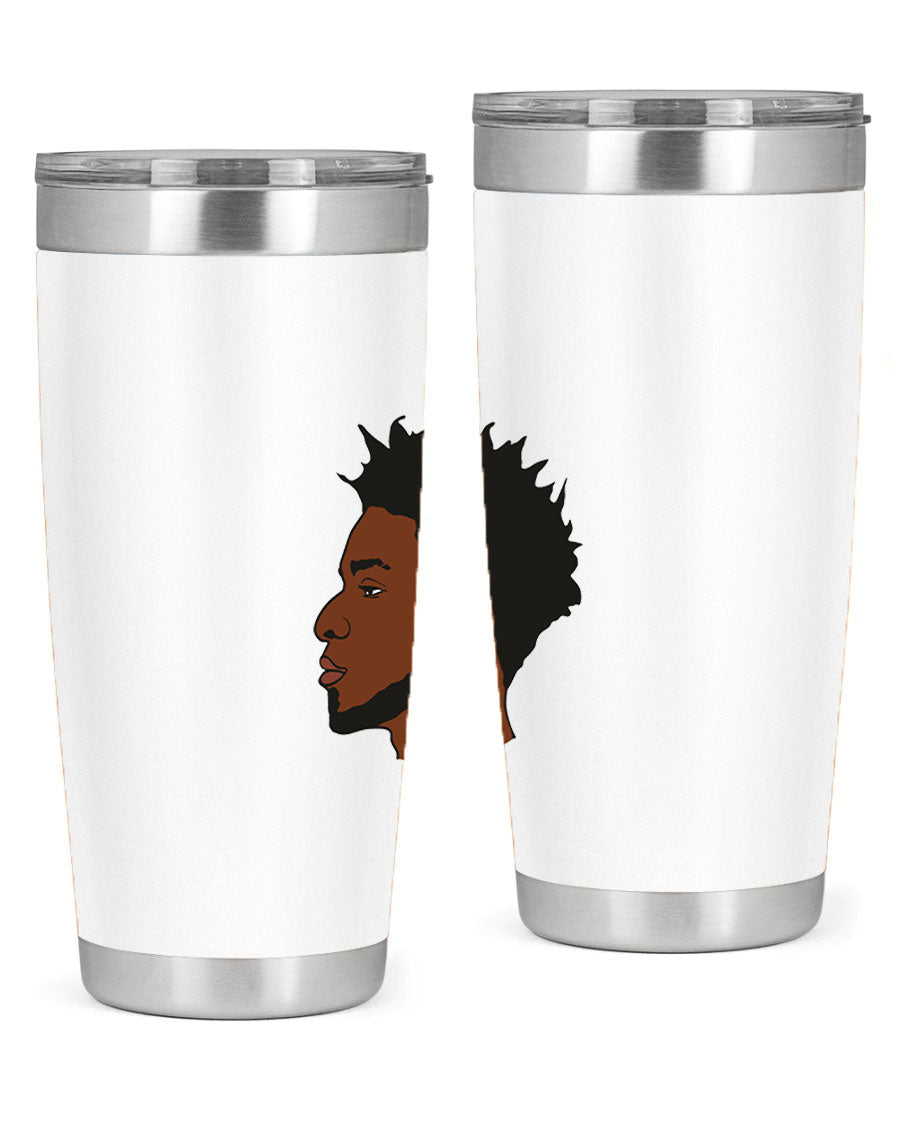 A stylish black man tumbler made of stainless steel, featuring a drink-thru lid and a sleek design, perfect for hot and cold beverages.