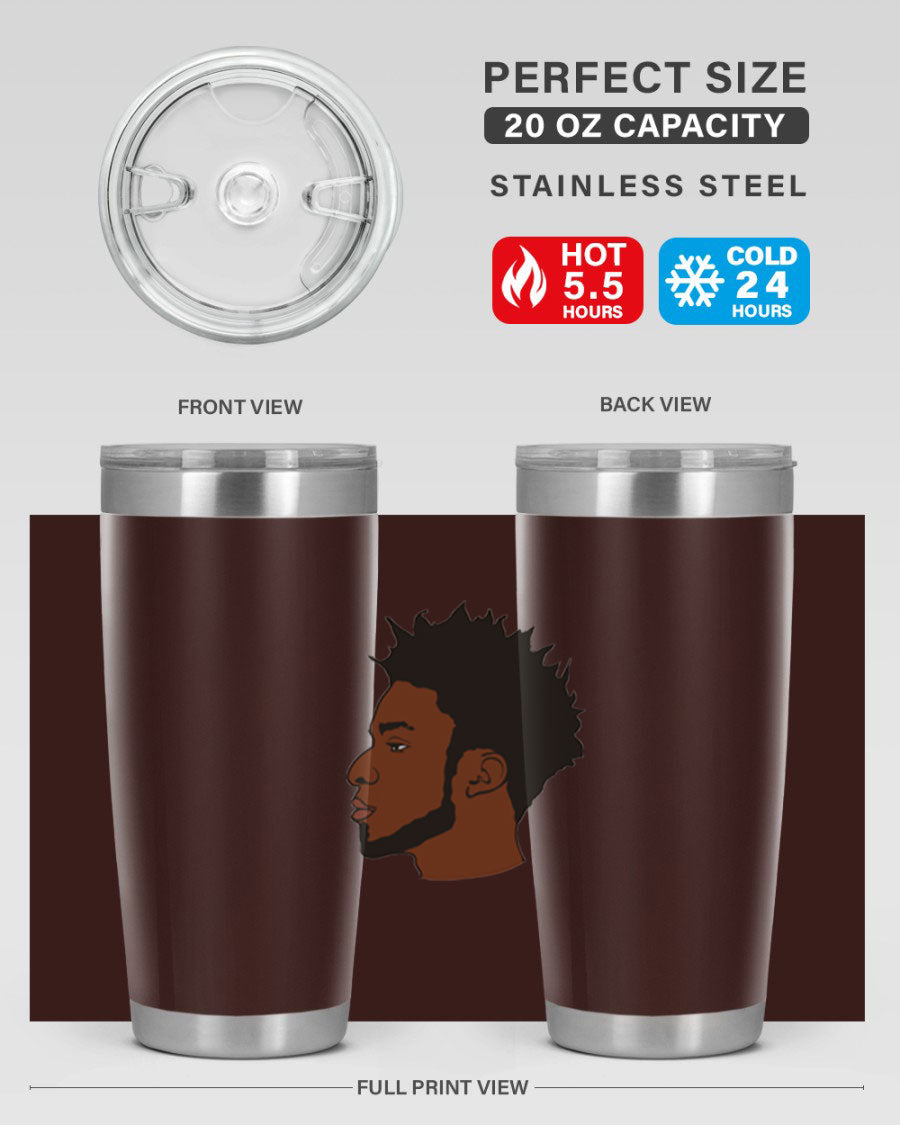 A stylish black man tumbler made of stainless steel, featuring a drink-thru lid and a sleek design, perfect for hot and cold beverages.