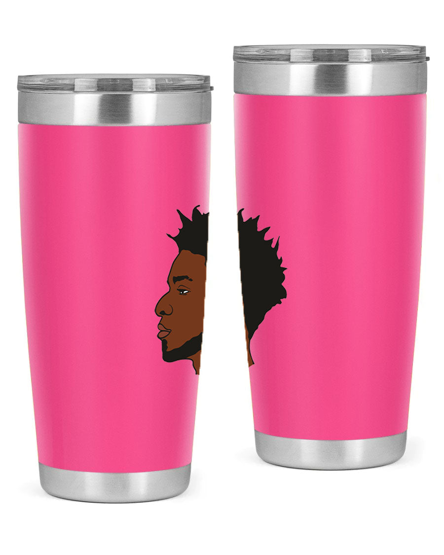 A stylish black man tumbler made of stainless steel, featuring a drink-thru lid and a sleek design, perfect for hot and cold beverages.