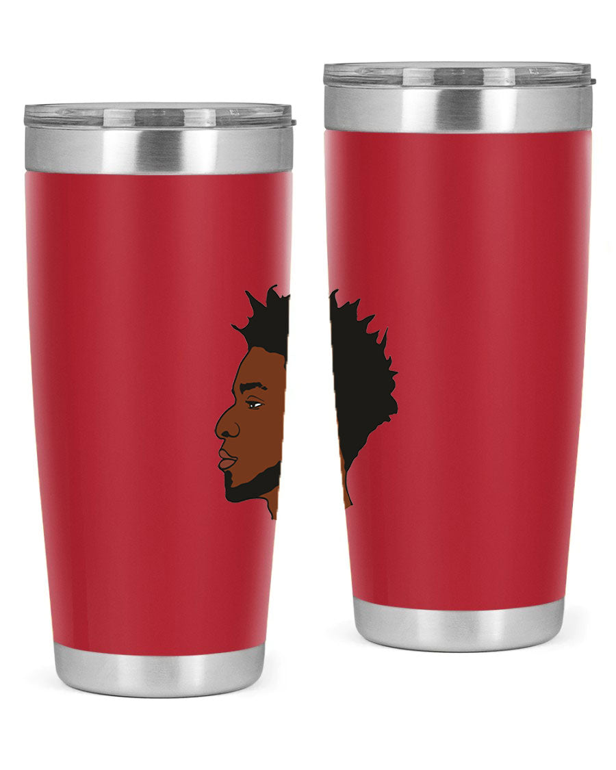 A stylish black man tumbler made of stainless steel, featuring a drink-thru lid and a sleek design, perfect for hot and cold beverages.