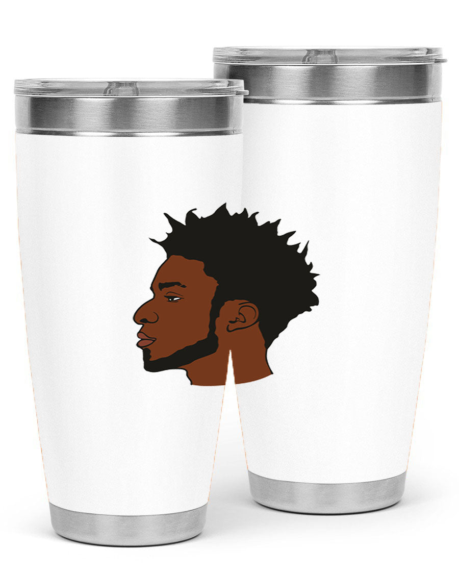 A stylish black man tumbler made of stainless steel, featuring a drink-thru lid and a sleek design, perfect for hot and cold beverages.