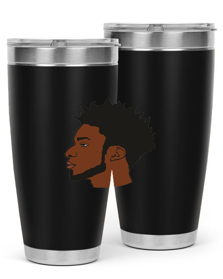 A stylish black man tumbler made of stainless steel, featuring a drink-thru lid and a sleek design, perfect for hot and cold beverages.