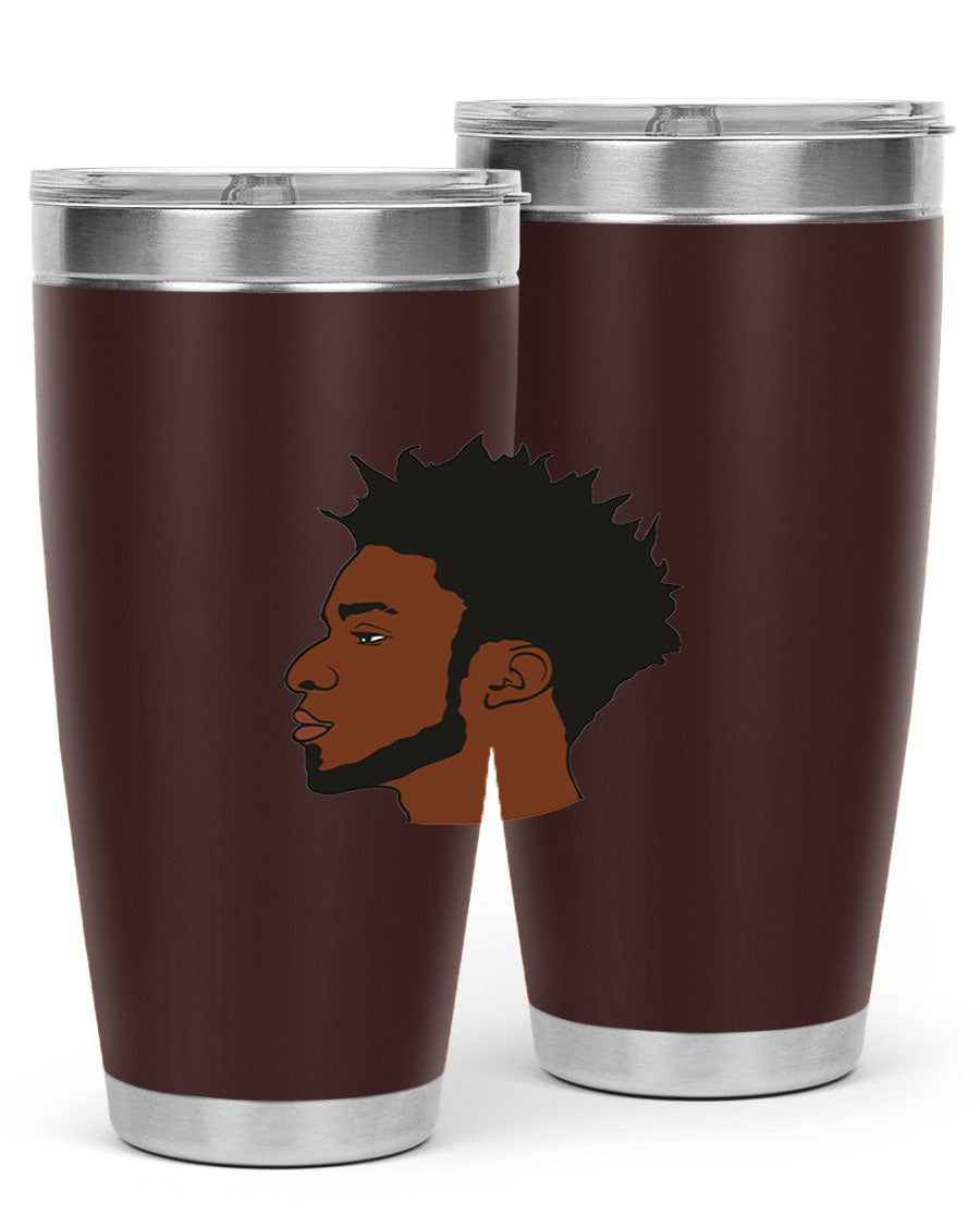 A stylish black man tumbler made of stainless steel, featuring a drink-thru lid and a sleek design, perfect for hot and cold beverages.