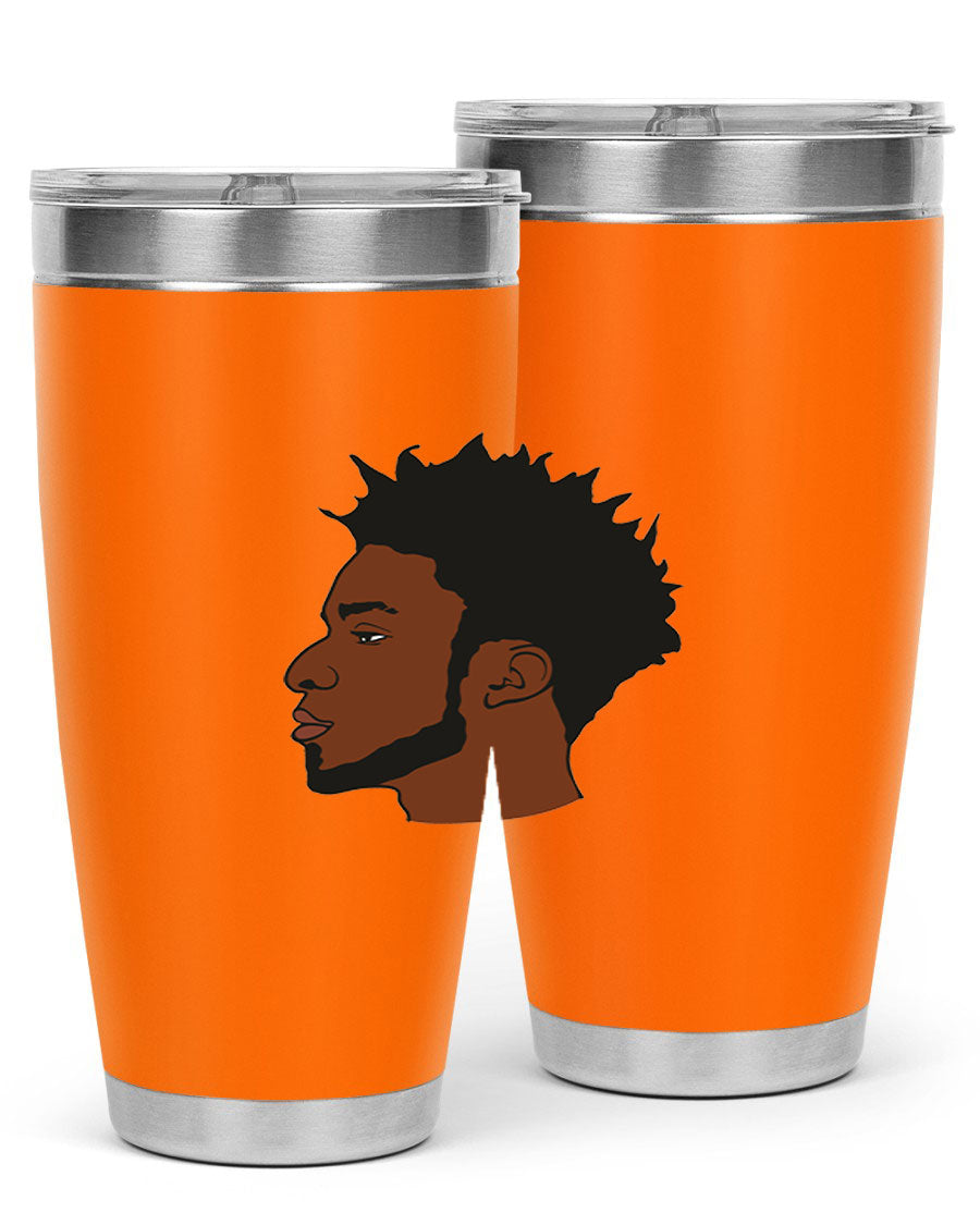 A stylish black man tumbler made of stainless steel, featuring a drink-thru lid and a sleek design, perfect for hot and cold beverages.