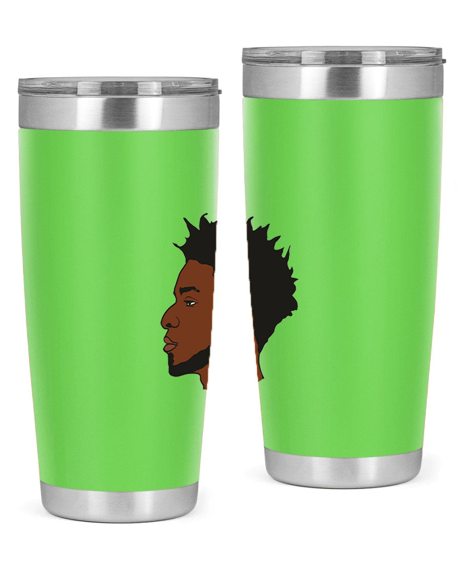 A stylish black man tumbler made of stainless steel, featuring a drink-thru lid and a sleek design, perfect for hot and cold beverages.