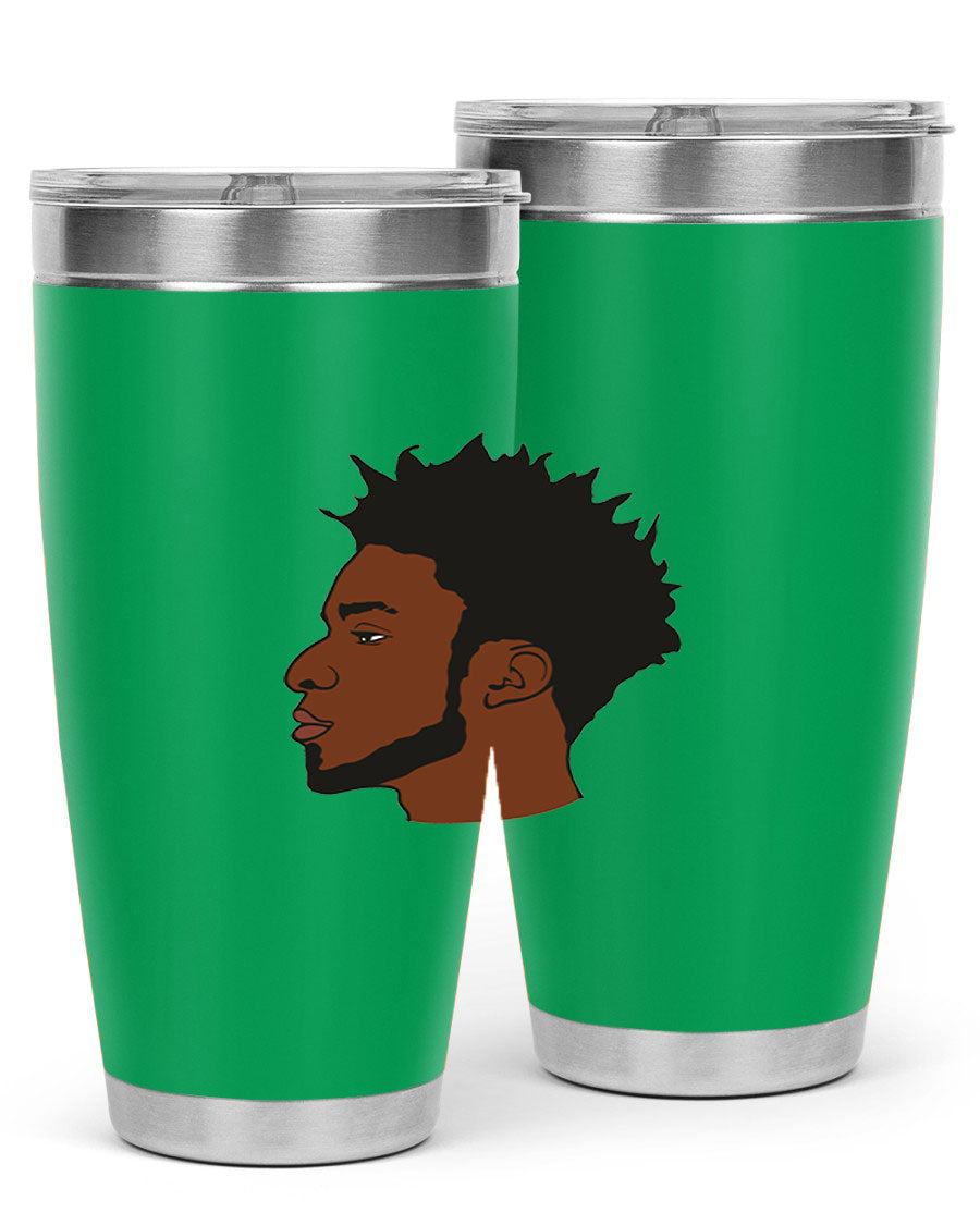 A stylish black man tumbler made of stainless steel, featuring a drink-thru lid and a sleek design, perfect for hot and cold beverages.