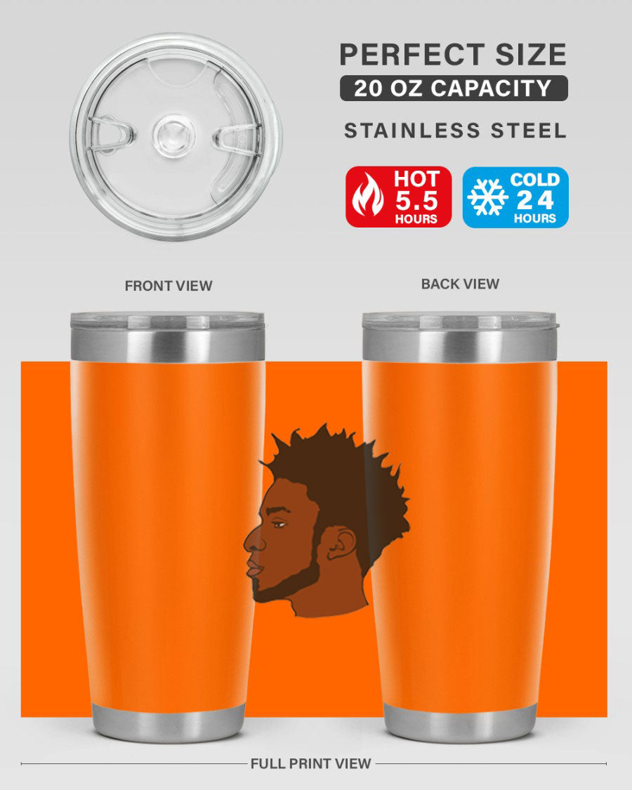 A stylish black man tumbler made of stainless steel, featuring a drink-thru lid and a sleek design, perfect for hot and cold beverages.