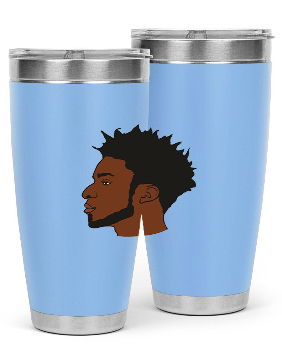 A stylish black man tumbler made of stainless steel, featuring a drink-thru lid and a sleek design, perfect for hot and cold beverages.