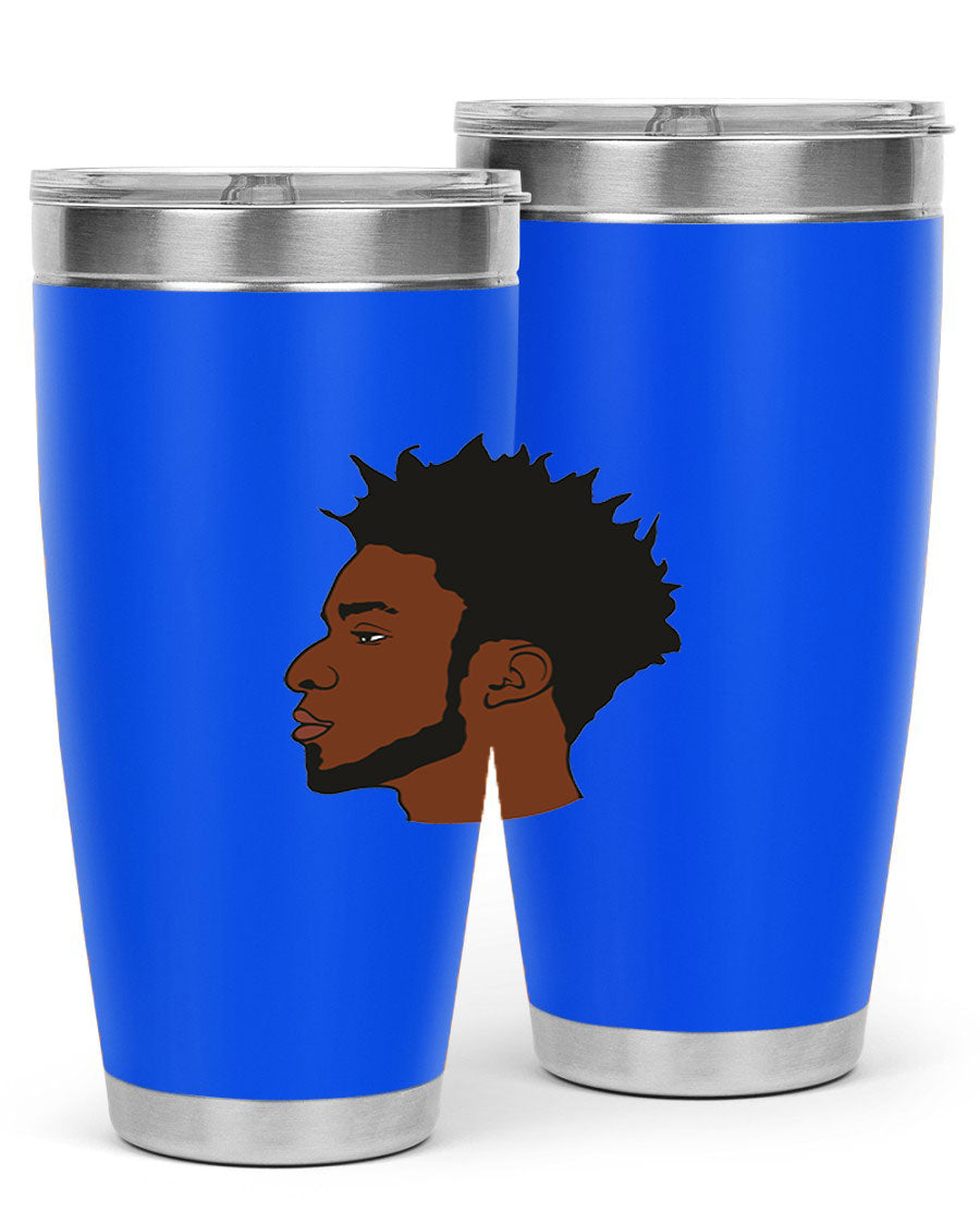 A stylish black man tumbler made of stainless steel, featuring a drink-thru lid and a sleek design, perfect for hot and cold beverages.