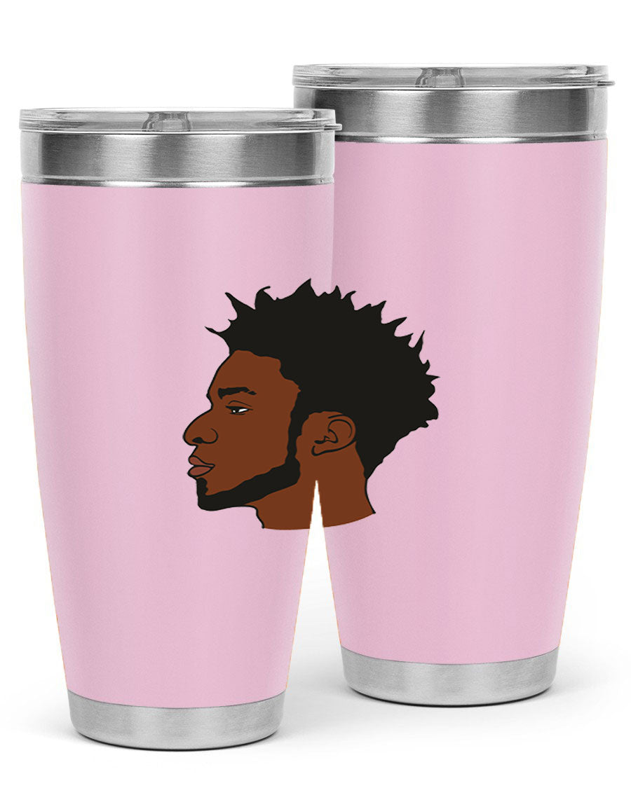 A stylish black man tumbler made of stainless steel, featuring a drink-thru lid and a sleek design, perfect for hot and cold beverages.