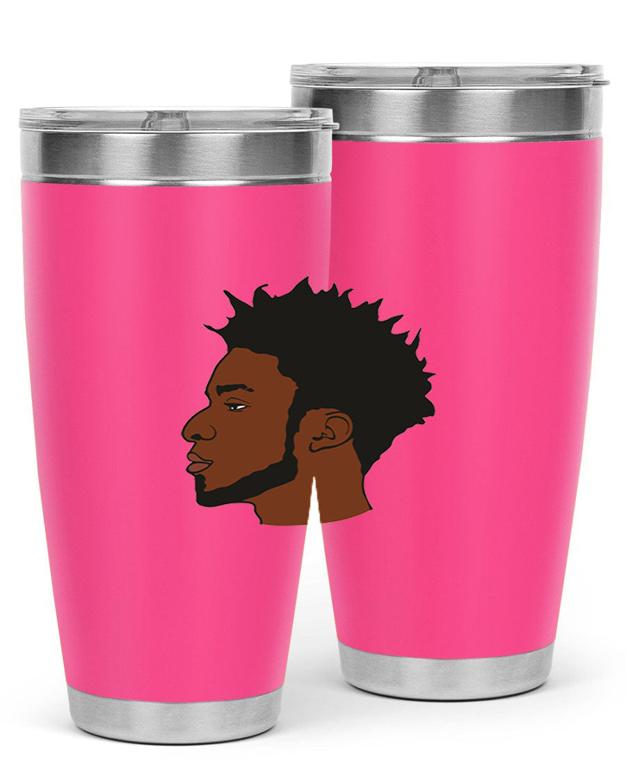 A stylish black man tumbler made of stainless steel, featuring a drink-thru lid and a sleek design, perfect for hot and cold beverages.