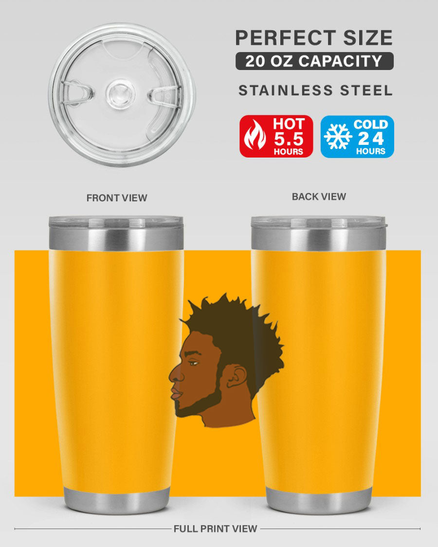 A stylish black man tumbler made of stainless steel, featuring a drink-thru lid and a sleek design, perfect for hot and cold beverages.