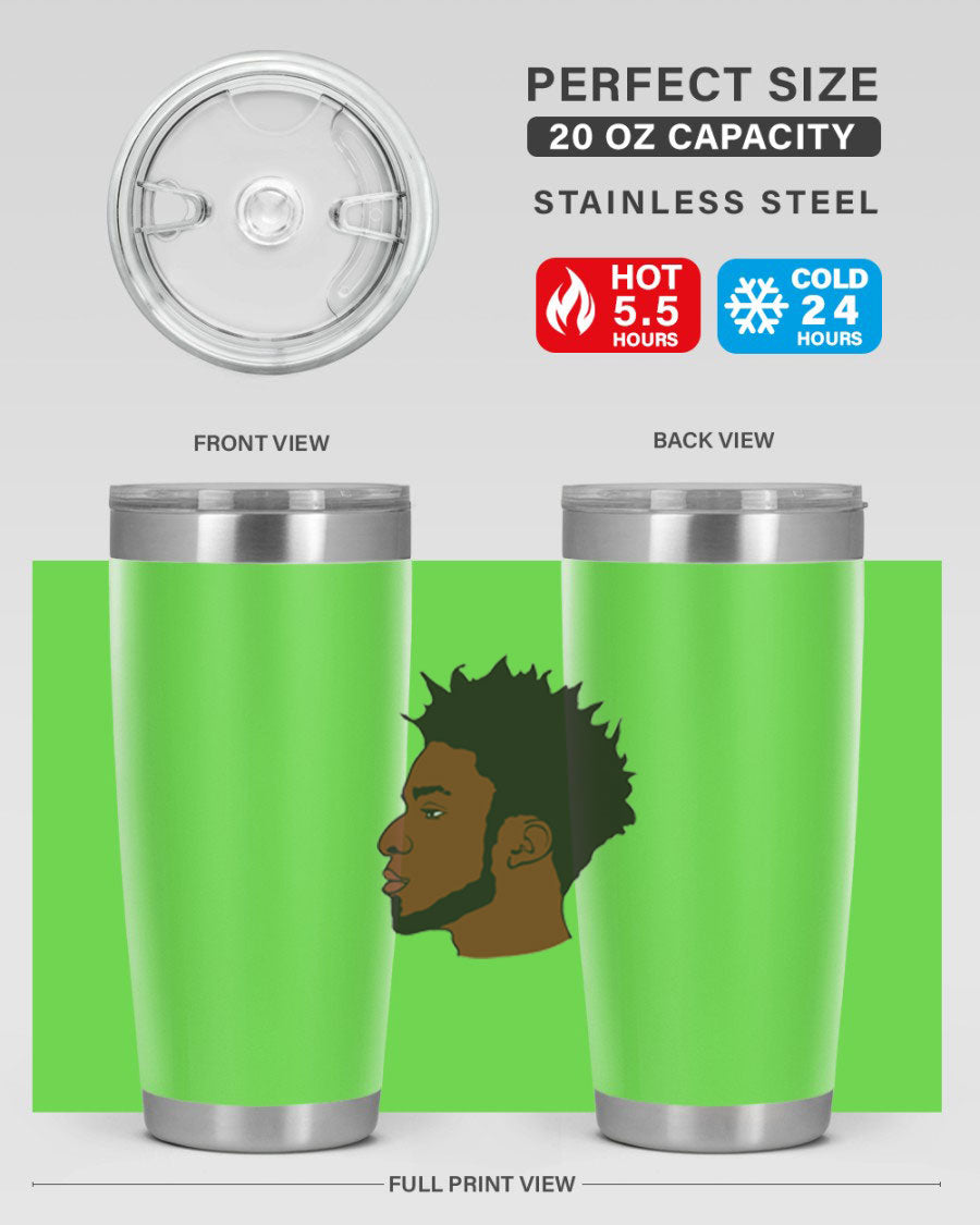 A stylish black man tumbler made of stainless steel, featuring a drink-thru lid and a sleek design, perfect for hot and cold beverages.