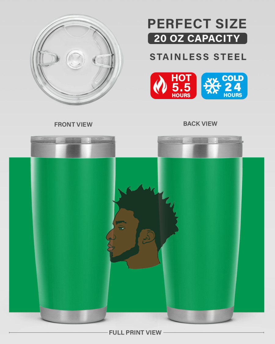 A stylish black man tumbler made of stainless steel, featuring a drink-thru lid and a sleek design, perfect for hot and cold beverages.