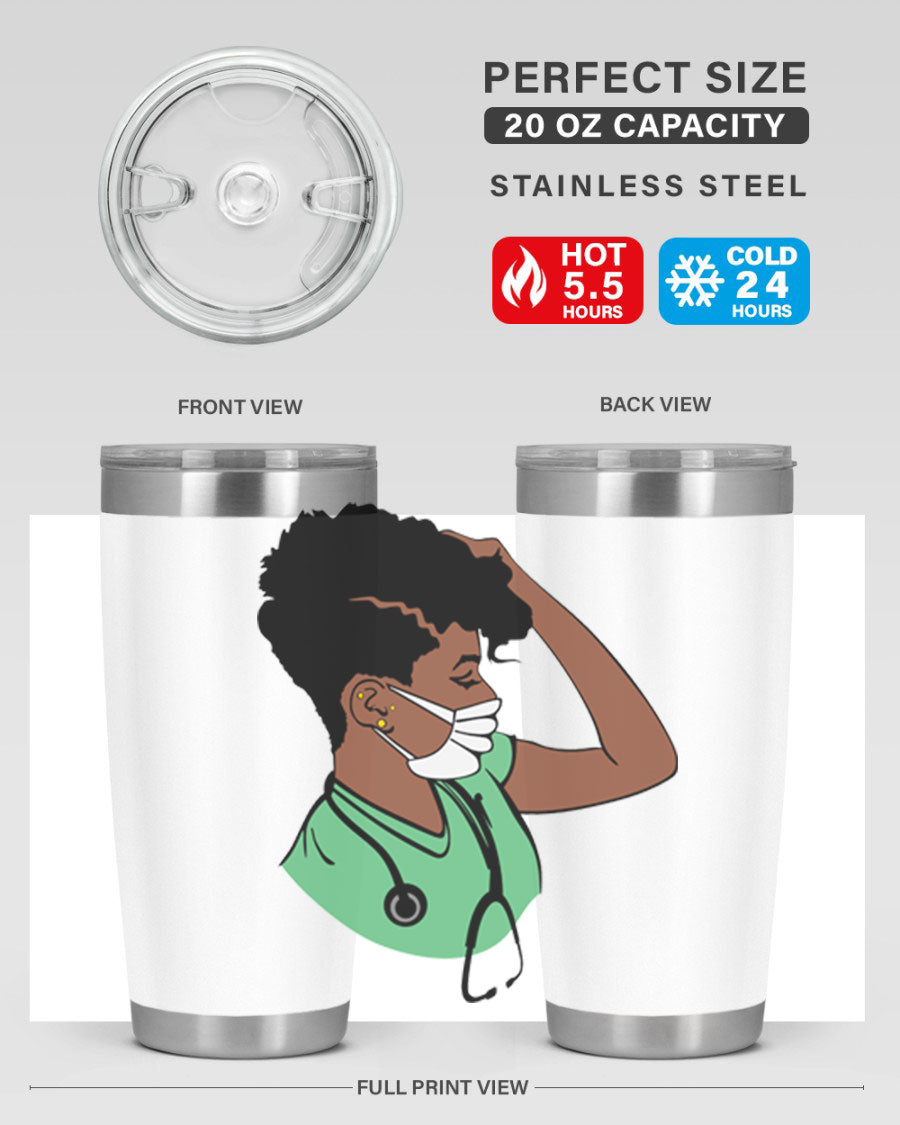 Black Nurse 20oz and 30oz Tumblers made of stainless steel with a stylish design, perfect for keeping beverages hot or cold.