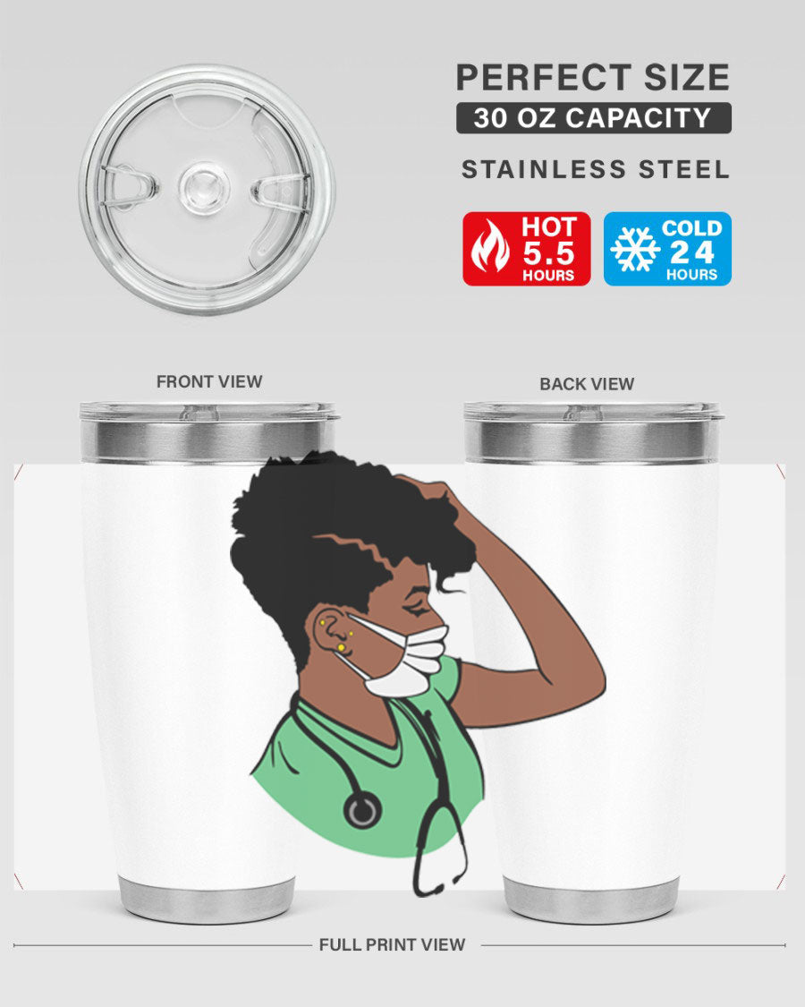 Black Nurse 20oz and 30oz Tumblers made of stainless steel with a stylish design, perfect for keeping beverages hot or cold.