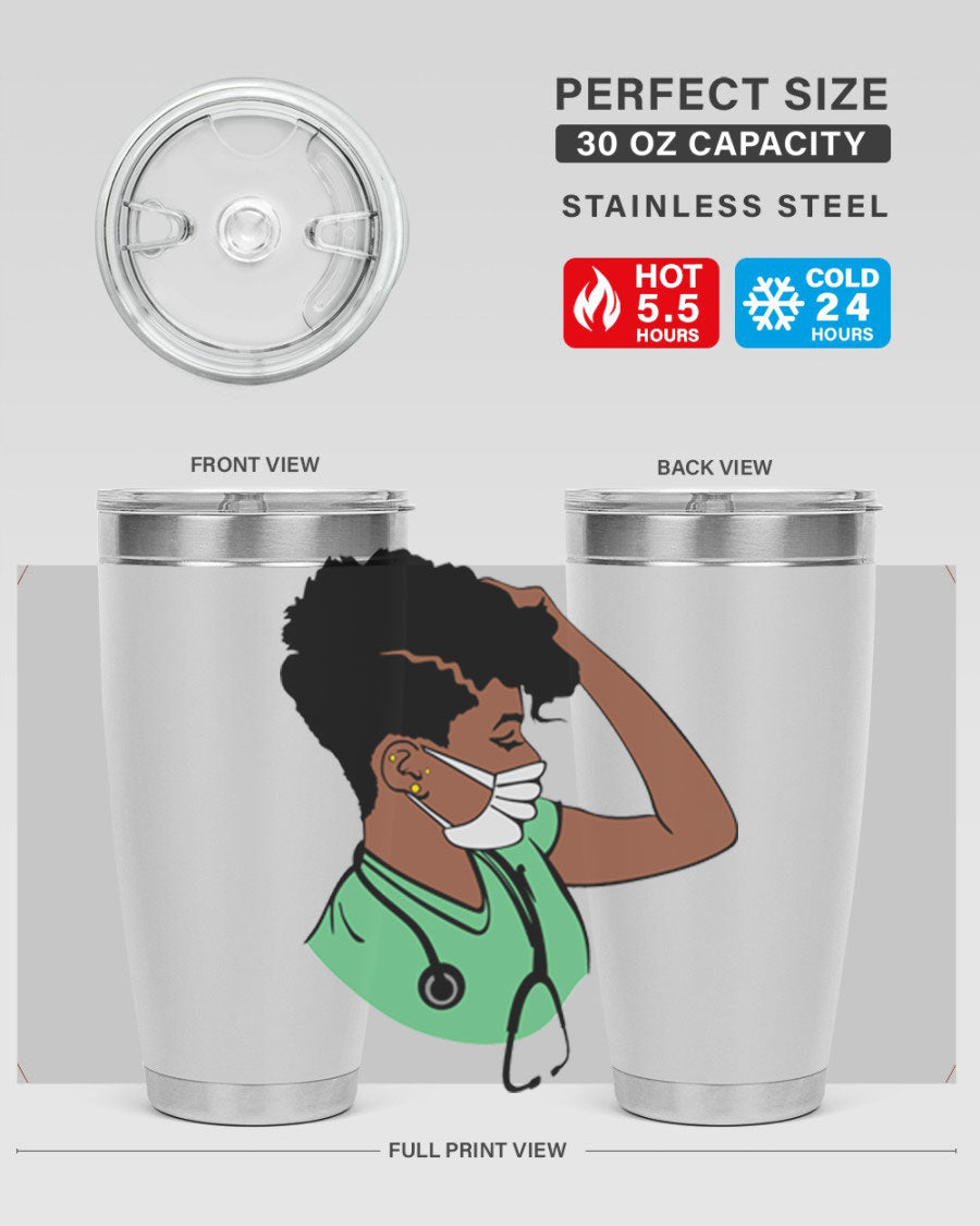 Black Nurse 20oz and 30oz Tumblers made of stainless steel with a stylish design, perfect for keeping beverages hot or cold.