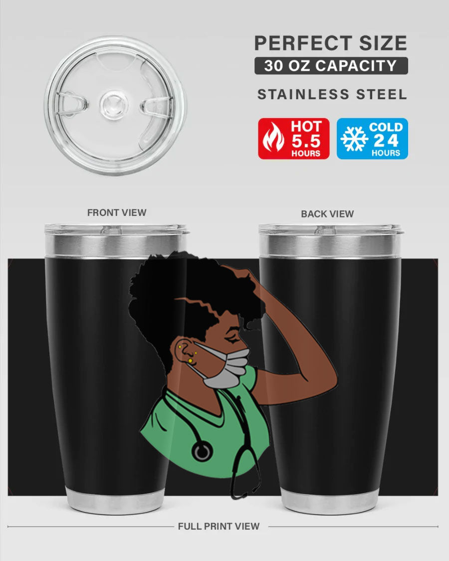 Black Nurse 20oz and 30oz Tumblers made of stainless steel with a stylish design, perfect for keeping beverages hot or cold.