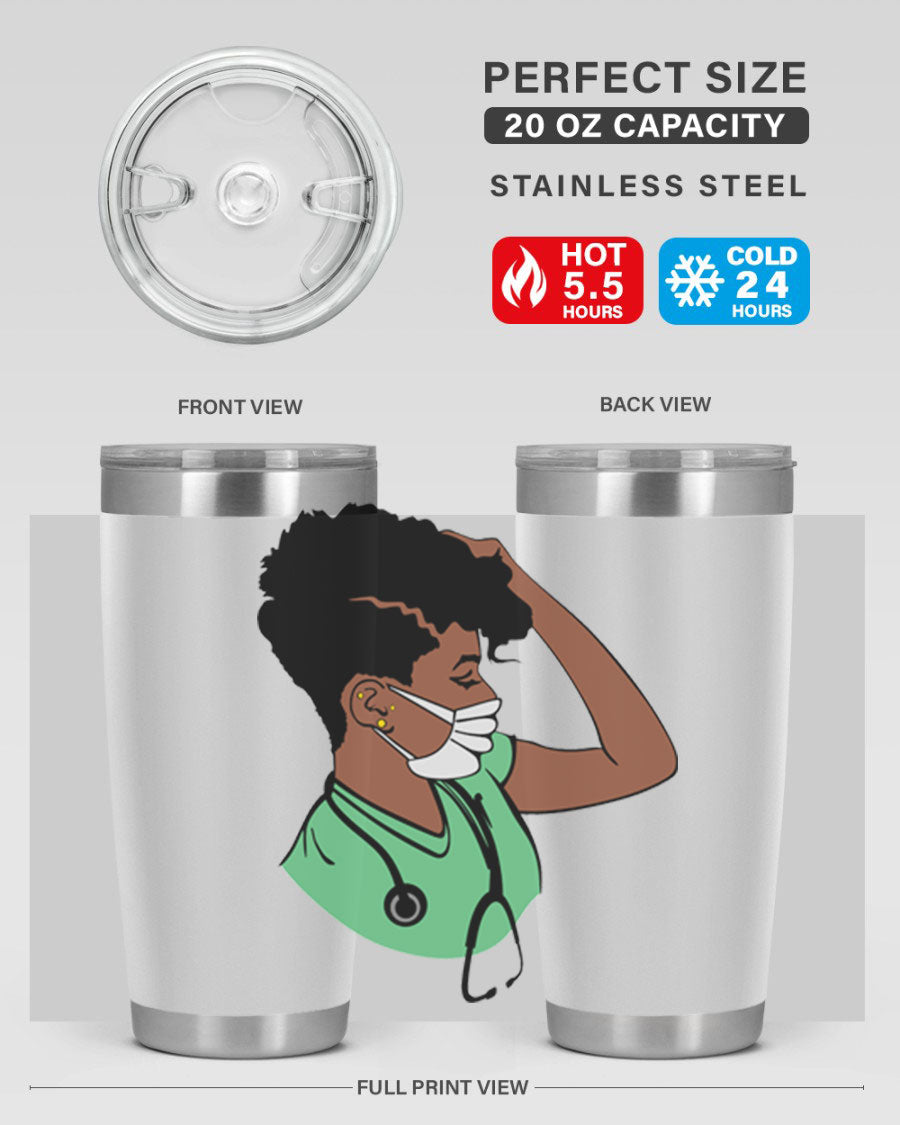 Black Nurse 20oz and 30oz Tumblers made of stainless steel with a stylish design, perfect for keeping beverages hot or cold.